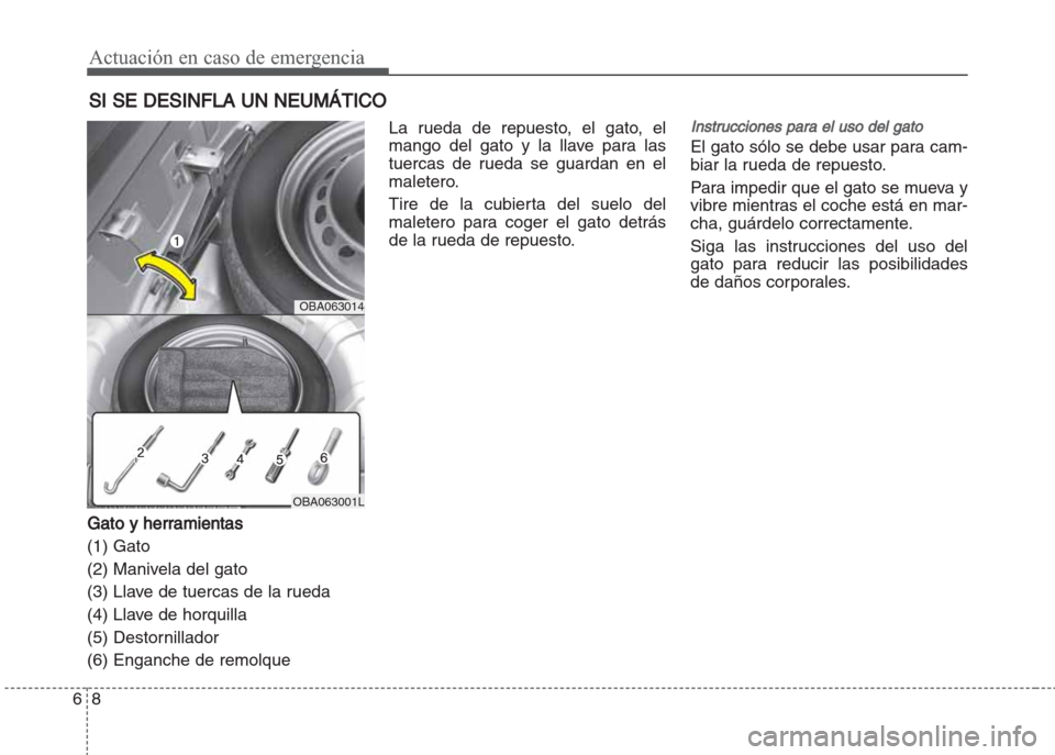 Hyundai Grand i10 2016  Manual del propietario (in Spanish) Actuación en caso de emergencia
8 6
SI SE DESINFLA UN NEUMÁTICO
Gato y herramientas
(1) Gato
(2) Manivela del gato
(3) Llave de tuercas de la rueda
(4) Llave de horquilla
(5) Destornillador
(6) Enga