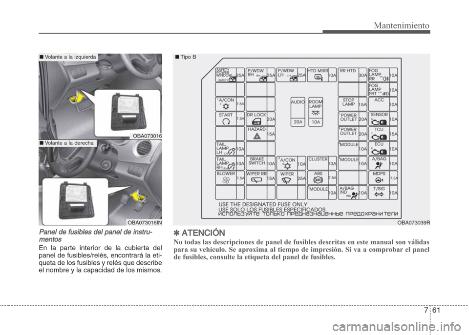 Hyundai Grand i10 2016  Manual del propietario (in Spanish) 761
Mantenimiento
Panel de fusibles del panel de instru-
mentos
En la parte interior de la cubierta del
panel de fusibles/relés, encontrará la eti-
queta de los fusibles y relés que describe
el nom