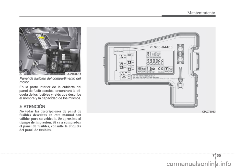 Hyundai Grand i10 2016  Manual del propietario (in Spanish) 765
Mantenimiento
Panel de fusibles del compartimento del
motor
En la parte interior de la cubierta del
panel de fusibles/relés, encontrará la eti-
queta de los fusibles y relés que describe
el nom
