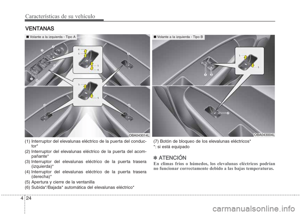 Hyundai Grand i10 2016  Manual del propietario (in Spanish) Características de su vehículo
24 4
(1) Interruptor del elevalunas eléctrico de la puerta del conduc-
tor*
(2) Interruptor del elevalunas eléctrico de la puerta del acom-
pañante*
(3) Interruptor