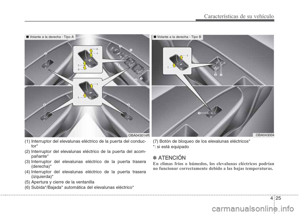 Hyundai Grand i10 2016  Manual del propietario (in Spanish) 425
Características de su vehículo
(1) Interruptor del elevalunas eléctrico de la puerta del conduc-
tor*
(2) Interruptor del elevalunas eléctrico de la puerta del acom-
pañante*
(3) Interruptor 