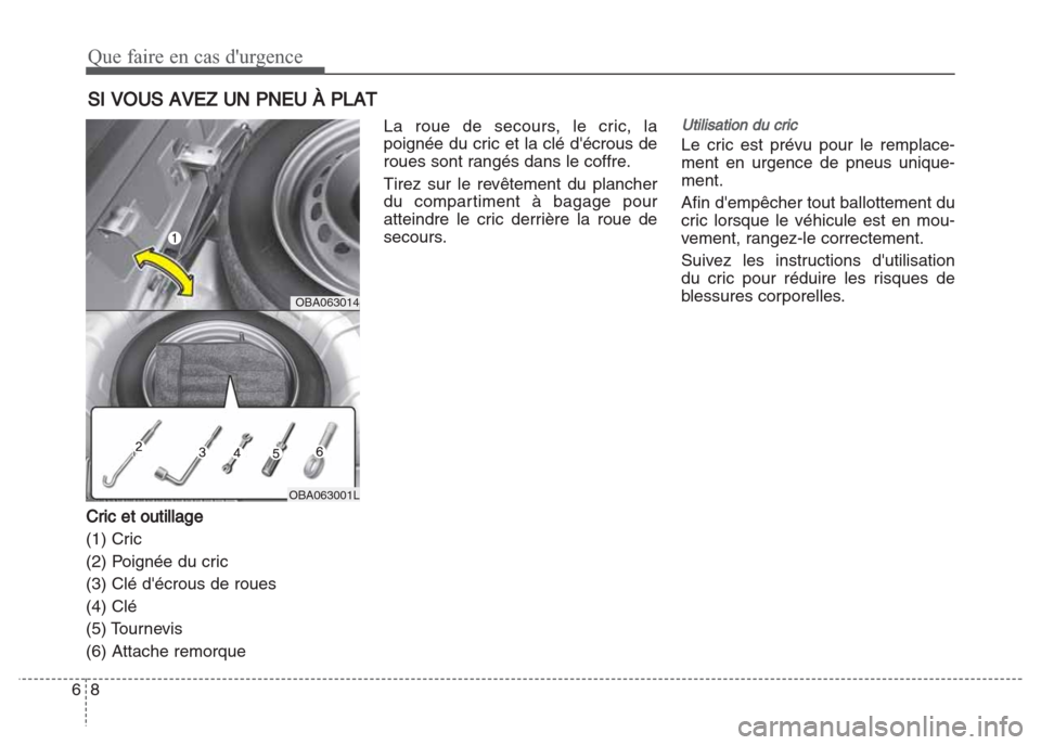 Hyundai Grand i10 2016  Manuel du propriétaire (in French) Que faire en cas durgence
8 6
SI VOUS AVEZ UN PNEU À PLAT
Cric et outillage
(1) Cric
(2) Poignée du cric
(3) Clé décrous de roues
(4) Clé
(5) Tournevis
(6) Attache remorqueLa roue de secours, l