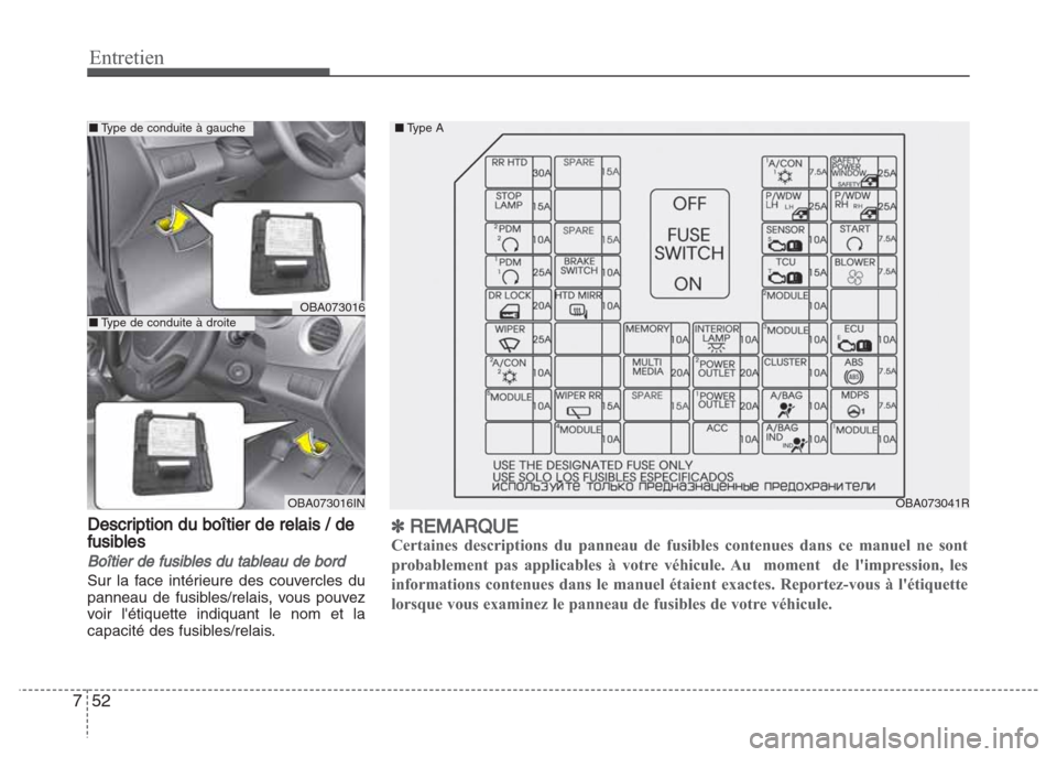 Hyundai Grand i10 2016  Manuel du propriétaire (in French) Entretien
52 7
Description du boîtier de relais / de
fusibles
Boîtier de fusibles du tableau de bord
Sur la face intérieure des couvercles du
panneau de fusibles/relais, vous pouvez
voir létiquet