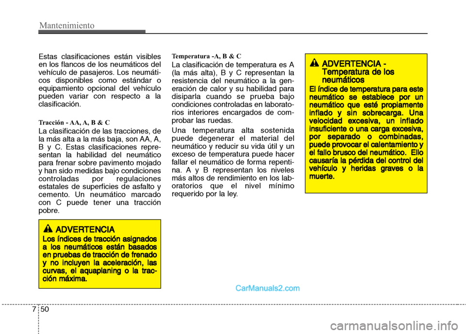 Hyundai Grand i10 2015 Manual del propietario (Xcent) (in Spanish) Mantenimiento
50 7
Estas clasificaciones están visibles
en los flancos de los neumáticos del
vehículo de pasajeros. Los neumáti-
cos disponibles como estándar o
equipamiento opcional del vehícul Hyundai Grand i10 2015 Manual del propietario (Xcent) (in Spanish) Mantenimiento
50 7
Estas clasificaciones están visibles
en los flancos de los neumáticos del
vehículo de pasajeros. Los neumáti-
cos disponibles como estándar o
equipamiento opcional del vehícul