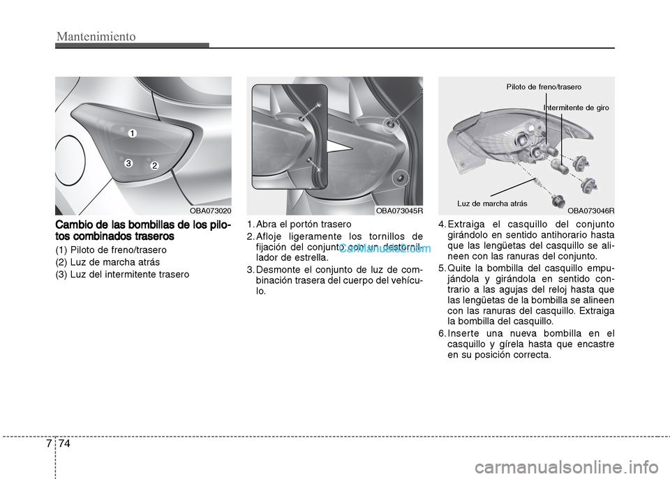 Hyundai Grand i10 2015  Manual del propietario (Xcent) (in Spanish) Mantenimiento
74 7
Cambio de las bombillas de los pilo-
tos combinados traseros
(1) Piloto de freno/trasero
(2) Luz de marcha atrás
(3) Luz del intermitente trasero1. Abra el portón trasero
2. Afloj