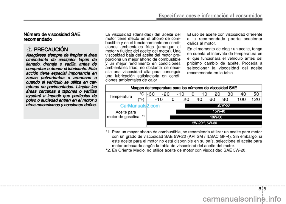 Hyundai Grand i10 2015 Manual del propietario (Xcent) (in Spanish) 85
Especificaciones e información al consumidor
Número de viscosidad SAE
recomendadoLa viscosidad (densidad) del aceite del
motor tiene efecto en el ahorro de com-
bustible y en el funcionamiento en Hyundai Grand i10 2015 Manual del propietario (Xcent) (in Spanish) 85
Especificaciones e información al consumidor
Número de viscosidad SAE
recomendadoLa viscosidad (densidad) del aceite del
motor tiene efecto en el ahorro de com-
bustible y en el funcionamiento en