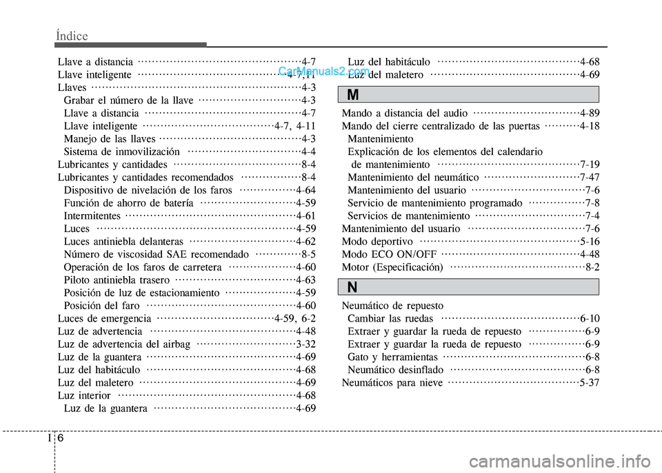 Hyundai Grand i10 2015 Manual del propietario (Xcent) (in Spanish) Índice
6I
Llave a distancia ··············································4-7
Llave inteligente ···························· Hyundai Grand i10 2015 Manual del propietario (Xcent) (in Spanish) Índice
6I
Llave a distancia ··············································4-7
Llave inteligente ····························