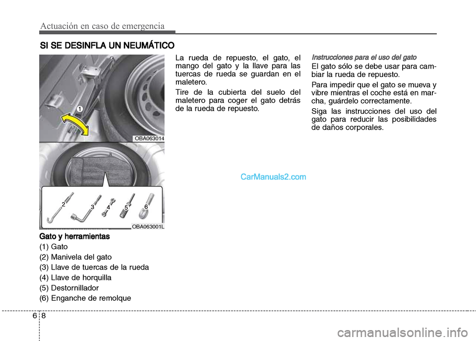 Hyundai Grand i10 2015  Manual del propietario (Xcent) (in Spanish) Actuación en caso de emergencia
8 6
SI SE DESINFLA UN NEUMÁTICO
Gato y herramientas
(1) Gato
(2) Manivela del gato
(3) Llave de tuercas de la rueda
(4) Llave de horquilla
(5) Destornillador
(6) Enga