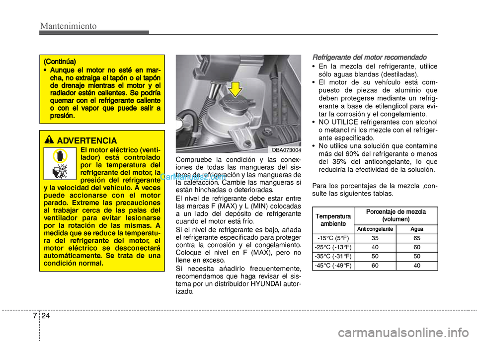 Hyundai Grand i10 2015 Manual del propietario (Xcent) (in Spanish) Mantenimiento
24 7
Compruebe la condición y las conex-
iones de todas las mangueras del sis-
tema de refrigeración y las mangueras de
la calefacción. Cambie las mangueras si
están hinchadas o dete Hyundai Grand i10 2015 Manual del propietario (Xcent) (in Spanish) Mantenimiento
24 7
Compruebe la condición y las conex-
iones de todas las mangueras del sis-
tema de refrigeración y las mangueras de
la calefacción. Cambie las mangueras si
están hinchadas o dete