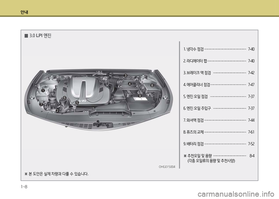 Hyundai Grandeur 2016  그랜저 HG - 사용 설명서 (in Korean) 안내
1-8
1. 냉각수 점검 …………………………………… 7-40
2. 라디에이터 캡 ………………………………… 7-40
3. 브레이크 액 점검 ……………………