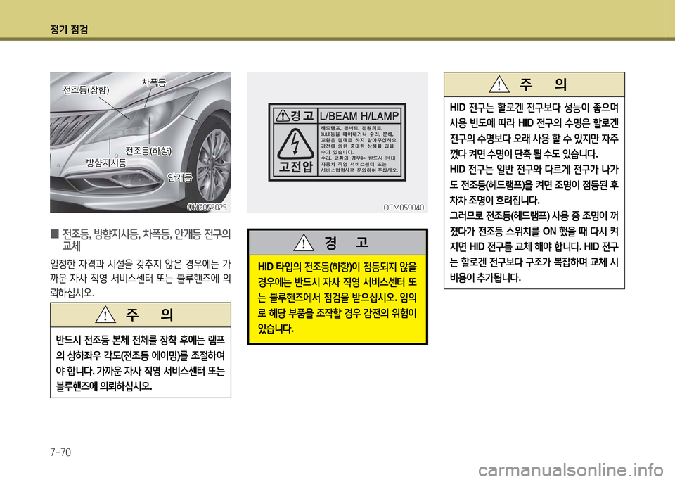 Hyundai Grandeur 2016  그랜저 HG - 사용 설명서 (in Korean) 정기 점검
7-70
반드시 전조등 본체 전체를 장착 후에는 램프
의 상하좌우 각도(전조등 에이밍)를 조절하여
야 합니다. 가까운 자사 직영 서비스센터 또