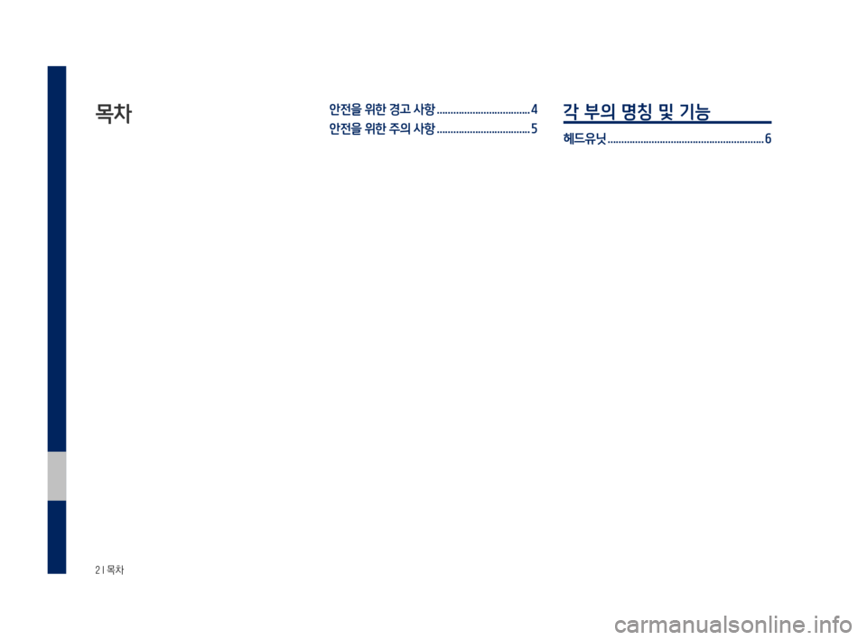 Hyundai Grandeur 2016  그랜저 IG 블루링크, UVO (in Korean) ���,�/‰3;
목차안전을 위한 경고 사항 .................................. 4
안전을 위한 주의 사항 .................................. 5각 부의 명칭 및 기능
헤드유닛 <0