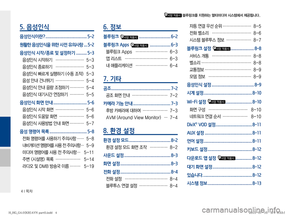 Hyundai Grandeur 2015  그랜저HG 표준4 내비게이션 (in Korean) ���*�~0
5. 음성인식
음성인식이란? .......................................... 5-2
원활한 음성인식을 위한 사전 유의사항 .... 5-2
음성인식 시작/종료 및 설정하
