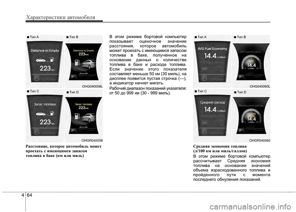 Hyundai Grandeur 2013  Инструкция по эксплуатации (in Russian) Характер\bст\bк\b авто\fоб\bля
64
4
РасстЧfяниЧb,  кЧfтЧfрЧfЧb автЧfмЧfбиль мЧfжЧbт
прЧfЧbхать с имЧbющимся запасЧfм
тЧfп