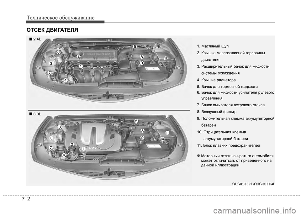 Hyundai Grandeur 2013  Инструкция по эксплуатации (in Russian) Техниче\bкое об\b\fуживание
27
ОТСЕК ДR№ИГАТЕRcЯ
1. МаKOKЩяный щуп
2. Крышка маKOKЩозаKЩивной горKЩовиныдвигатеKЩя
3. Р