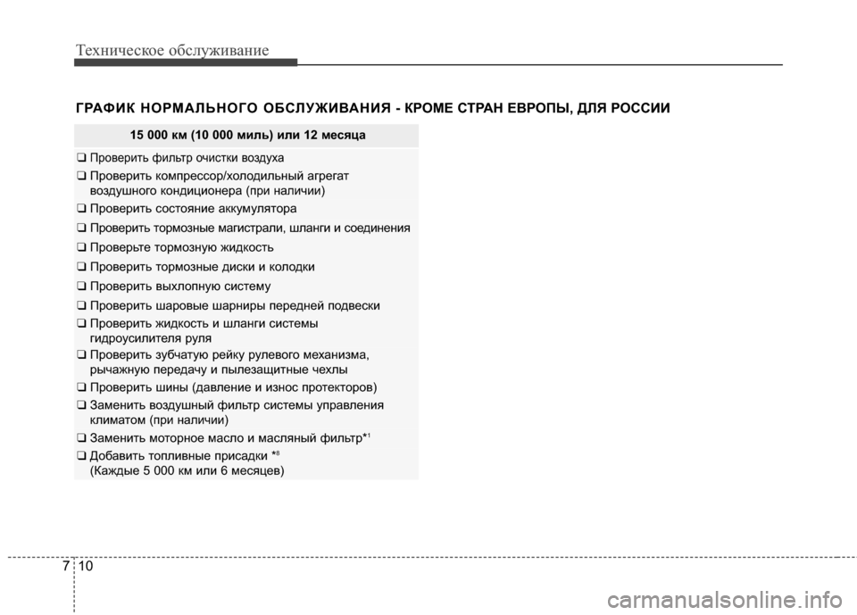 Hyundai Grandeur 2013  Инструкция по эксплуатации (in Russian) Техниче\bкое об\b\fуживание
10
7
ГРАФИК НОРМАRcЬНОГО ОБСRcУЖИR№АНИЯ - КР ОМЕ СТРАН ЕR№РОПЫ, ДRcЯ РОССИИ
15 000 км (10 000 м