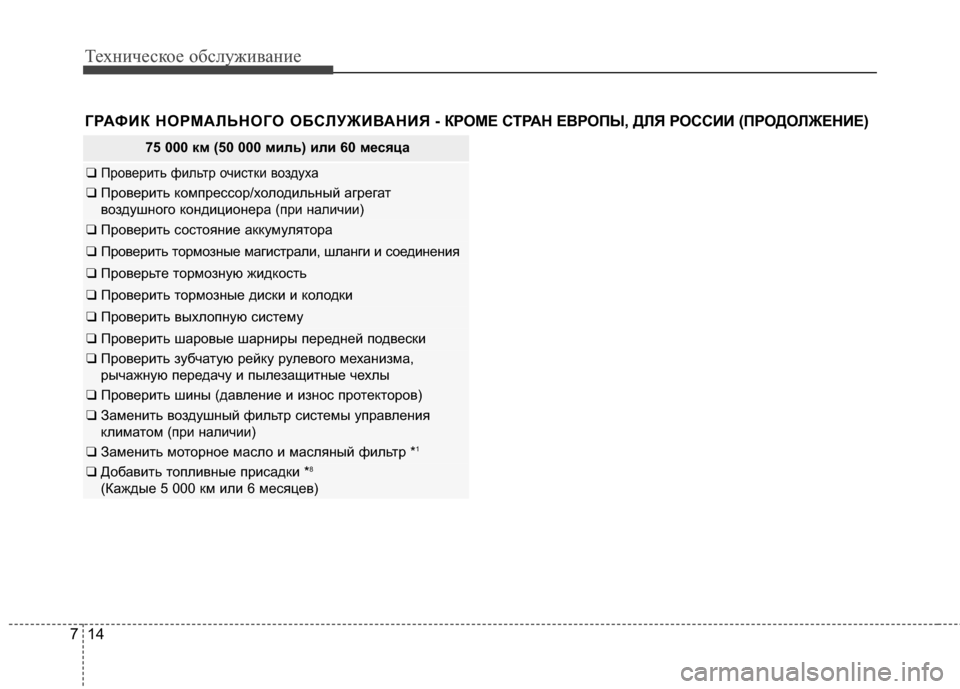 Hyundai Grandeur 2013  Инструкция по эксплуатации (in Russian) Техниче\bкое об\b\fуживание
14
7
75 000 км (50 000 миль) или 60 месяца
❑ Проверить фиKЩьтр очиKOтки воздуха
❑  Проверить к