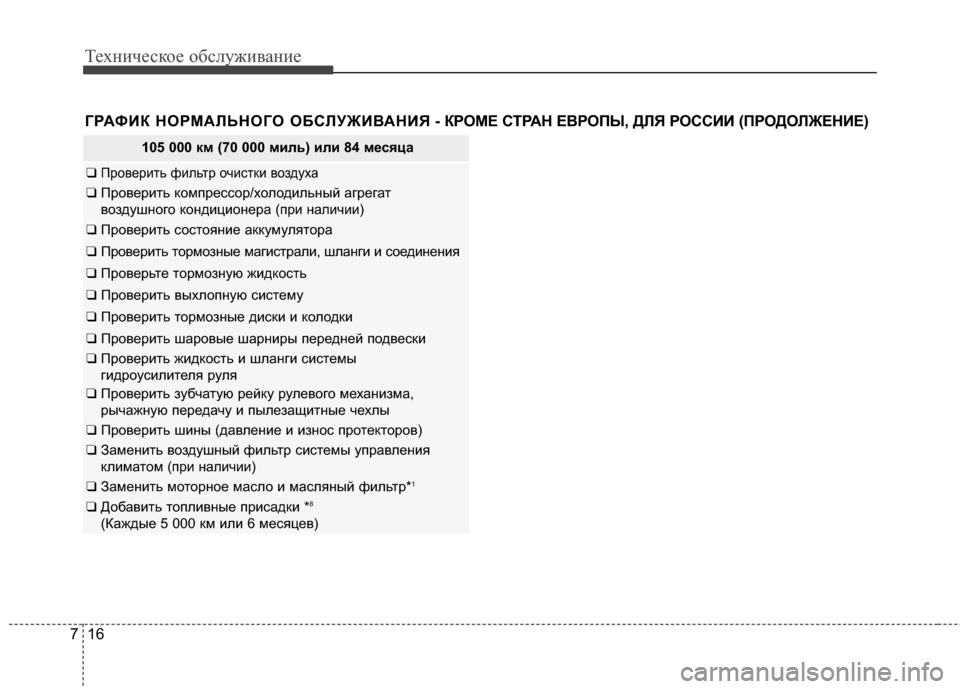 Hyundai Grandeur 2013  Инструкция по эксплуатации (in Russian) Техниче\bкое об\b\fуживание
16
7
105 000 км (70 000 миль) или 84 месяца
❑ Проверить фиKЩьтр очиKOтки воздуха
❑  Проверить к