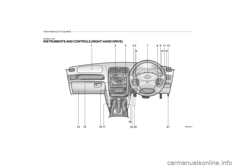 Hyundai Grandeur 2004  Owners Manual YOUR VEHICLE AT A GLANCE
6HXG501J
B250B01L-GAT INSTRUMENTS AND CONTROLS (RIGHT-HAND DRIVE)
1
2345
89
10 11
127 13
14 15 16 17 18
19 20 21  