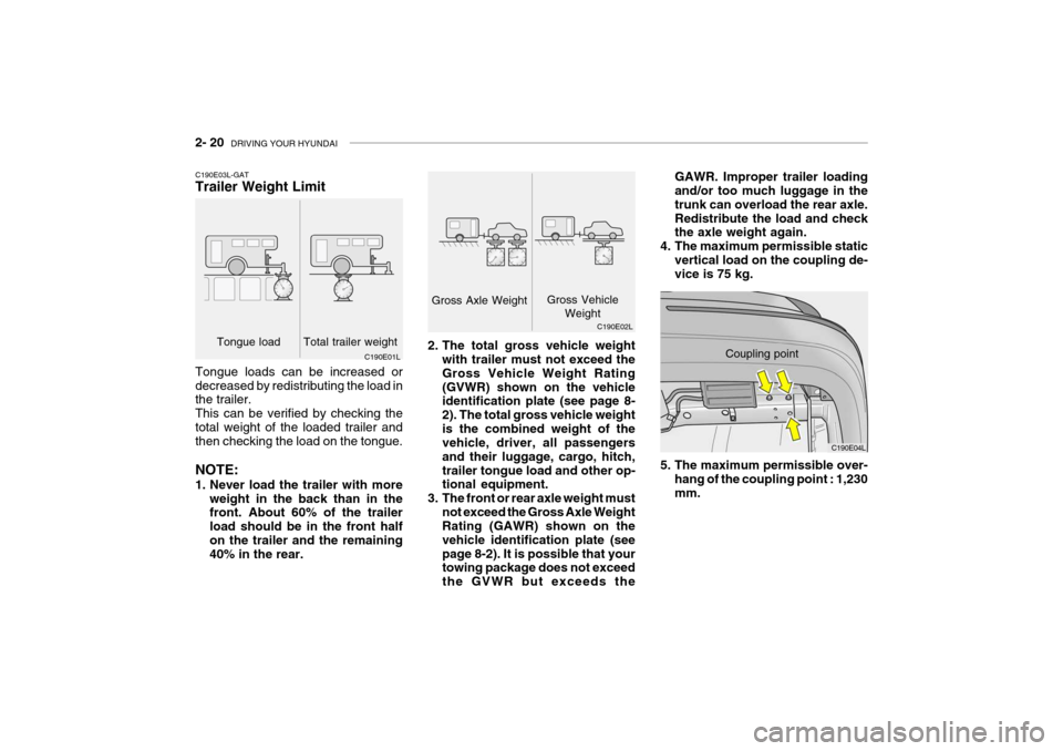 Hyundai Grandeur 2004  Owners Manual 2- 20  DRIVING YOUR HYUNDAI
Coupling point
C190E04L
GAWR. Improper trailer loading and/or too much luggage in the trunk can overload the rear axle.Redistribute the load and check the axle weight again