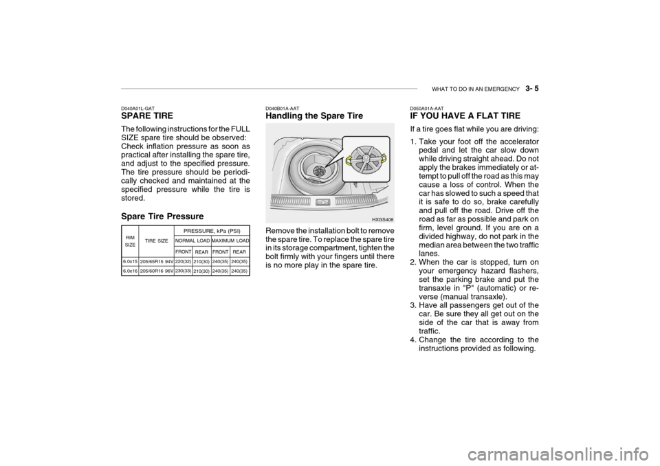 Hyundai Grandeur 2004  Owners Manual WHAT TO DO IN AN EMERGENCY    3- 5
Spare Tire Pressure D040B01A-AAT Handling the Spare Tire Remove the installation bolt to remove the spare tire. To replace the spare tire in its storage compartment,