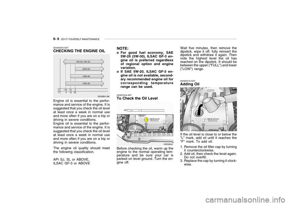 Hyundai Grandeur 2004  Owners Manual 6- 6  DO-IT-YOURSELF MAINTENANCE
G030C02A-AAT
To Check the Oil Level
Before checking the oil, warm up the
engine to the normal operating tem- perature and be sure your car is parked on level ground. T