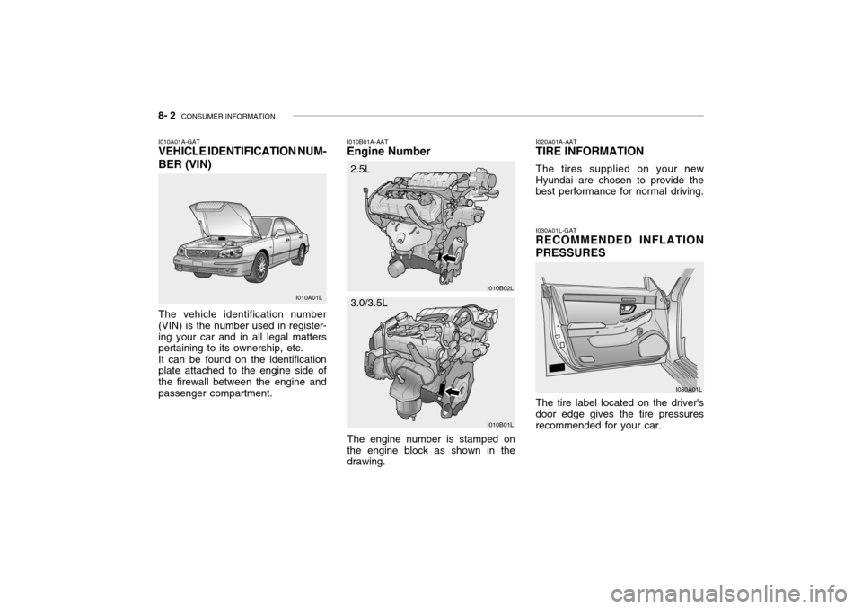 Hyundai Grandeur 2004  Owners Manual 8- 2  CONSUMER INFORMATION
I010B01A-AAT
Engine Number
I010A01A-GAT VEHICLE IDENTIFICATION NUM- BER (VIN) The vehicle identification number (VIN) is the number used in register-ing your car and in all 