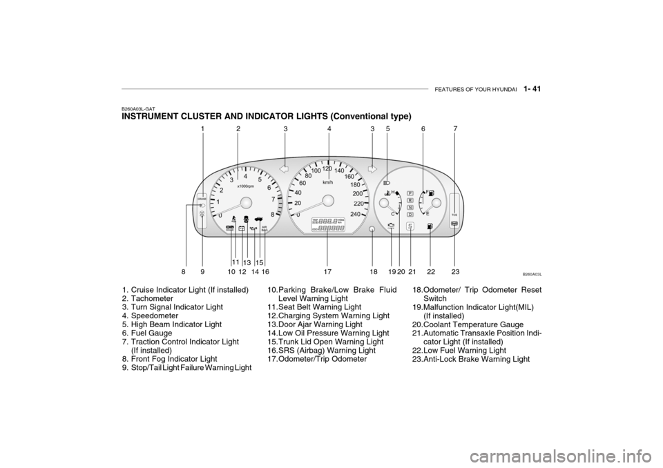Hyundai Grandeur 2004  Owners Manual FEATURES OF YOUR HYUNDAI   1- 41
B260A03L-GAT INSTRUMENT CLUSTER AND INDICATOR LIGHTS (Conventional type)
1. Cruise Indicator Light (If installed) 
2. Tachometer 
3. Turn Signal Indicator Light 
4. Sp