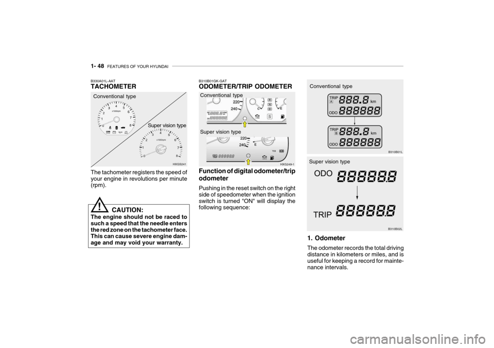 Hyundai Grandeur 2004  Owners Manual 1- 48  FEATURES OF YOUR HYUNDAI
B310B02L
Super vision type
1. Odometer The odometer records the total driving distance in kilometers or miles, and is useful for keeping a record for mainte-nance inter