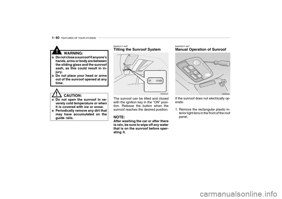 Hyundai Grandeur 2004  Owners Manual 1- 60  FEATURES OF YOUR HYUNDAI
B460D02Y-AAT Manual Operation of Sunroof
If the sunroof does not electrically op- erate: 
1. Remove the rectangular plastic in- terior light lens in the front of the ro