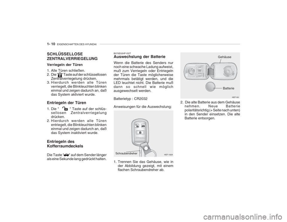 Hyundai Grandeur 2004 Betriebsanleitung (in German) 1- 10 EIGENSCHAFTEN DES HYUNDAI
HEF193
Batterie
1. Trennen Sie das Gehäuse, wie in der Abbildung gezeigt, mit einem flachen Schraubendreher ab. 2. Die alte Batterie aus dem Gehäuse
nehmen. Neue Ba Hyundai Grandeur 2004 Betriebsanleitung (in German) 1- 10 EIGENSCHAFTEN DES HYUNDAI
HEF193
Batterie
1. Trennen Sie das Gehäuse, wie in der Abbildung gezeigt, mit einem flachen Schraubendreher ab. 2. Die alte Batterie aus dem Gehäuse
nehmen. Neue Ba