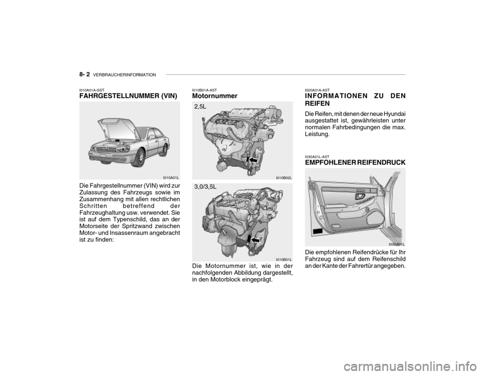 Hyundai Grandeur 2004  Betriebsanleitung (in German) 8- 2  VERBRAUCHERINFORMATION
I010A01A-GST FAHRGESTELLNUMMER (VIN) I010B01A-ASTMotornummerI020A01A-ASTINFORMATIONEN ZU DEN REIFEN Die Reifen, mit denen der neue Hyundai ausgestattet ist, gewährleisten
