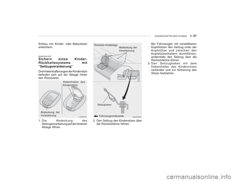 Hyundai Grandeur 2004  Betriebsanleitung (in German) EIGENSCHAFTEN DES HYUNDAI    1- 27
B230C03A-GST Sichern eines Kinder- Rückhaltesystems mit"Seilzugverankerung" Drei Hakenhalterungen der Kindersitze befinden sich auf der Ablage hinterden Rücksitzen