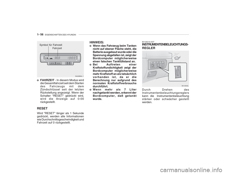 Hyundai Grandeur 2004 Betriebsanleitung (in German) 1- 56 EIGENSCHAFTEN DES HYUNDAI
B410A01A-AST INSTRUMENTENBELEUCHTUNGS- REGLER
B410A02L
Durch Drehen des Instrumentenbeleuchtungsreglerskann die Instrumentenbeleuchtungstärker oder schwächer Hyundai Grandeur 2004 Betriebsanleitung (in German) 1- 56 EIGENSCHAFTEN DES HYUNDAI
B410A01A-AST INSTRUMENTENBELEUCHTUNGS- REGLER
B410A02L
Durch Drehen des Instrumentenbeleuchtungsreglerskann die Instrumentenbeleuchtungstärker oder schwächer