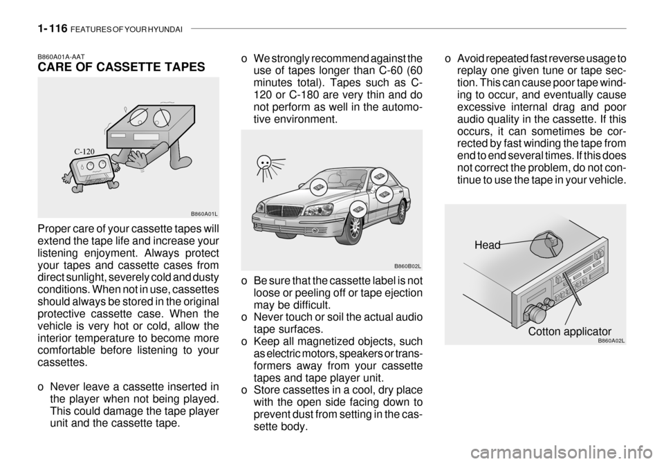 Hyundai Grandeur 2003  Owners Manual 1- 116  FEATURES OF YOUR HYUNDAI
Head
Cotton applicator
B860B02L
B860A02L
o Be sure that the cassette label is not
loose or peeling off or tape ejection may be difficult.
o Never touch or soil the act