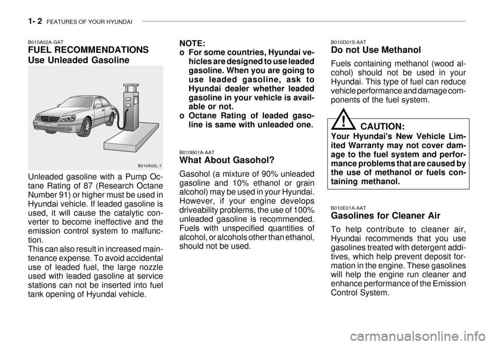 Hyundai Grandeur 2003  Owners Manual 1- 2  FEATURES OF YOUR HYUNDAI
B010B01A-AAT What About Gasohol? Gasohol (a mixture of 90% unleaded gasoline and 10% ethanol or grain alcohol) may be used in your Hyundai. However, if your engine devel