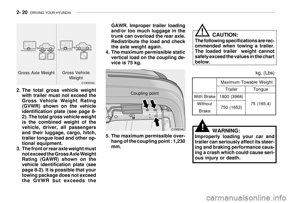 Hyundai Grandeur 2003  Owners Manual 2- 20  DRIVING YOUR HYUNDAI
With Brake
WithoutBrake Tongue
75 (165.4)
Maximum Towable Weight
kg. (Lbs)
Trailer
1800 (3968)
750 (1653)
WARNING:
Improperly loading your car and trailer can seriously aff
