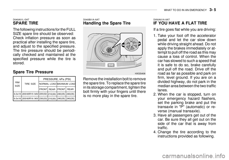 Hyundai Grandeur 2003  Owners Manual WHAT TO DO IN AN EMERGENCY    3- 5
Spare Tire Pressure D040B01A-AAT Handling the Spare Tire Remove the installation bolt to remove the spare tire. To replace the spare tire in its storage compartment,