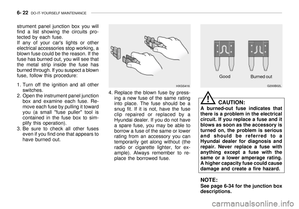 Hyundai Grandeur 2003  Owners Manual 6- 22  DO-IT-YOURSELF MAINTENANCE
Good
G200B02L
Burned out
CAUTION:
A burned-out fuse indicates that
there is a problem in the electrical circuit. If you replace a fuse and it blows as soon as the acc