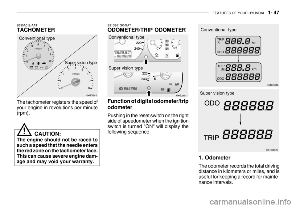 Hyundai Grandeur 2003  Owners Manual FEATURES OF YOUR HYUNDAI   1- 47
B310B02L
Super vision type
1. Odometer The odometer records the total driving distance in kilometers or miles, and is useful for keeping a record for mainte-nance inte