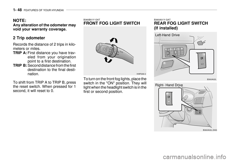 Hyundai Grandeur 2003  Owners Manual 1- 48  FEATURES OF YOUR HYUNDAI
B360B01Y-GAT FRONT FOG LIGHT SWITCH To turn on the front fog lights, place the switch in the "ON" position. They will light when the headlight switch is in the first or