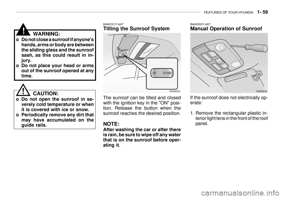 Hyundai Grandeur 2003  Owners Manual FEATURES OF YOUR HYUNDAI   1- 59
B460D02Y-AAT Manual Operation of Sunroof
If the sunroof does not electrically op- erate: 
1. Remove the rectangular plastic in- terior light lens in the front of the r