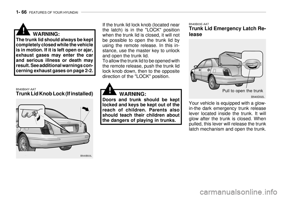 Hyundai Grandeur 2003  Owners Manual 1- 66  FEATURES OF YOUR HYUNDAI
B540B04Y-AAT Trunk Lid Knob Lock (If installed) If the trunk lid lock knob (located near the latch) is in the "LOCK" position when the trunk lid is closed, it will notb