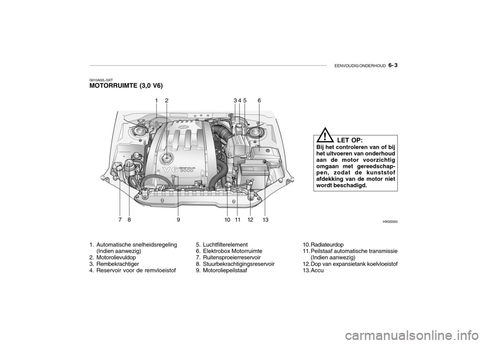 Hyundai Grandeur 2003  Handleiding (in Dutch) EENVOUDIG ONDERHOUD   6- 3
HXGS003
164
7891011 1213
235
G010A02L-GXT MOTORRUIMTE (3,0 V6)
1. Automatische snelheidsregeling (Indien aanwezig)
2. Motorolievuldop 
3. Rembekrachtiger 
4. Reservoir voor 