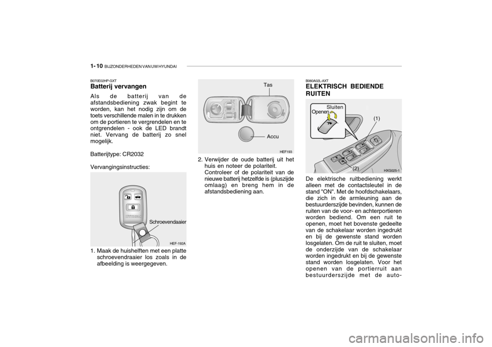 Hyundai Grandeur 2003  Handleiding (in Dutch) 1- 10  BIJZONDERHEDEN VAN UW HYUNDAI
B060A02L-AXT ELEKTRISCH BEDIENDE RUITEN
HEF193
Accu
Tas
2. Verwijder de oude batterij uit het
huis en noteer de polariteit. Controleer of de polariteit van denieuw