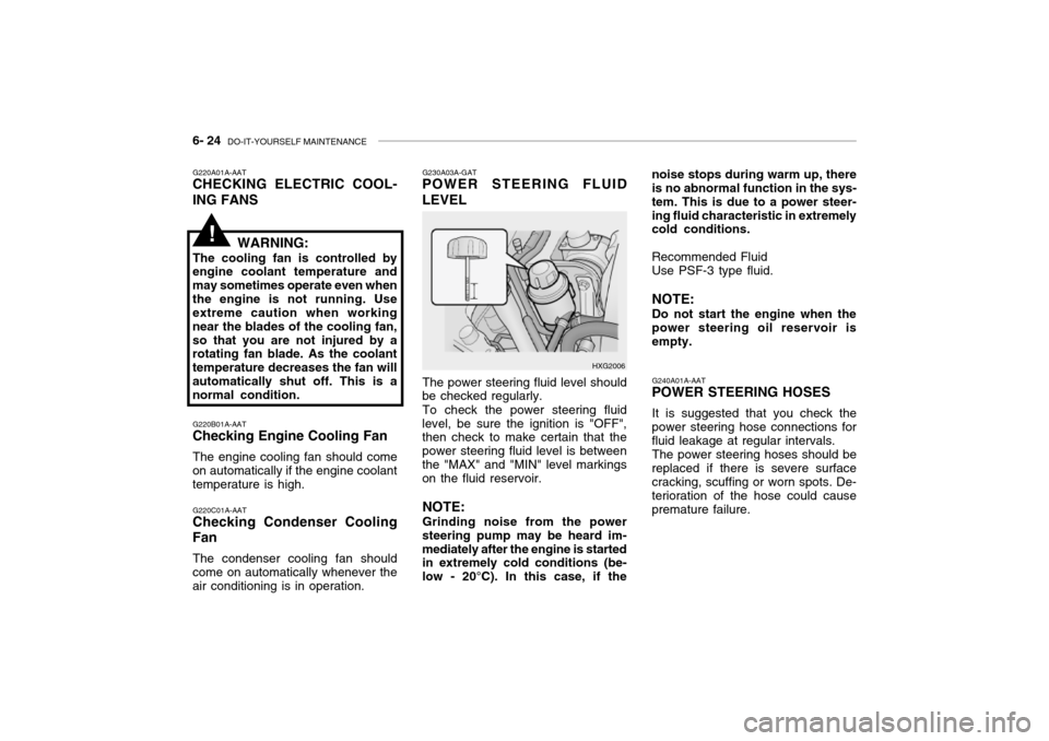 Hyundai Grandeur 2002  Owners Manual 6- 24  DO-IT-YOURSELF MAINTENANCE
G240A01A-AAT
POWER STEERING HOSES
It is suggested that you check the
power steering hose connections for fluid leakage at regular intervals.
The power steering hoses 