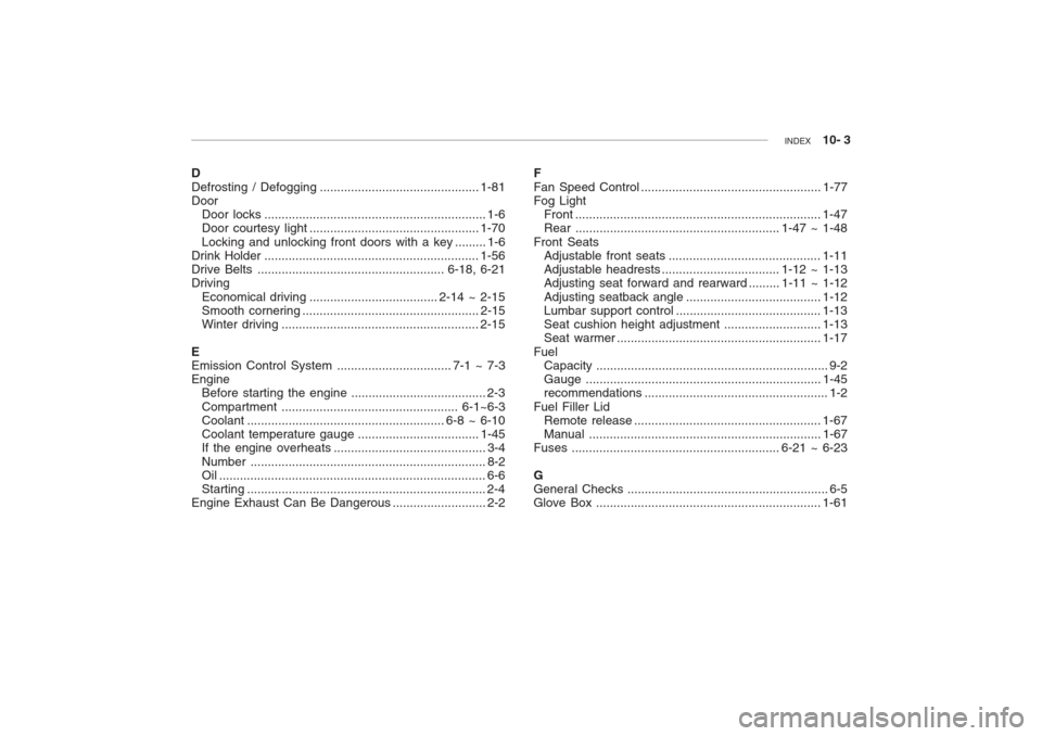 Hyundai Grandeur 2002  Owners Manual INDEX    10- 3
D Defrosting / Defogging .............................................. 1-81
Door Door locks ................................................................ 1-6
Door courtesy light ...