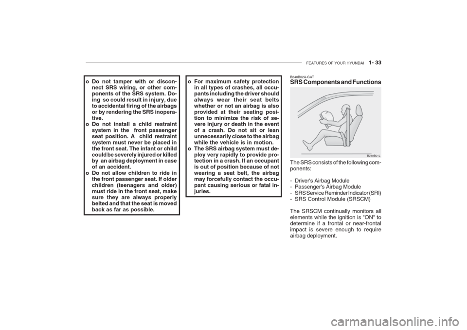 Hyundai Grandeur 2002  Owners Manual FEATURES OF YOUR HYUNDAI   1- 33
B240B02A-GAT SRS Components and Functions
B240B01L
The SRS consists of the following com- ponents: 
- Drivers Airbag Module 
- Passengers Airbag Module
- SRS Service