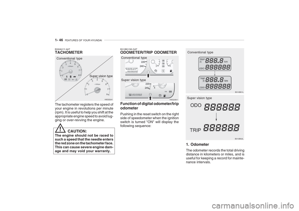 Hyundai Grandeur 2002  Owners Manual 1- 46  FEATURES OF YOUR HYUNDAI
B310B02L
Super vision type
1. Odometer The odometer records the total driving distance in kilometers or miles, and isuseful for keeping a record for mainte-nance interv