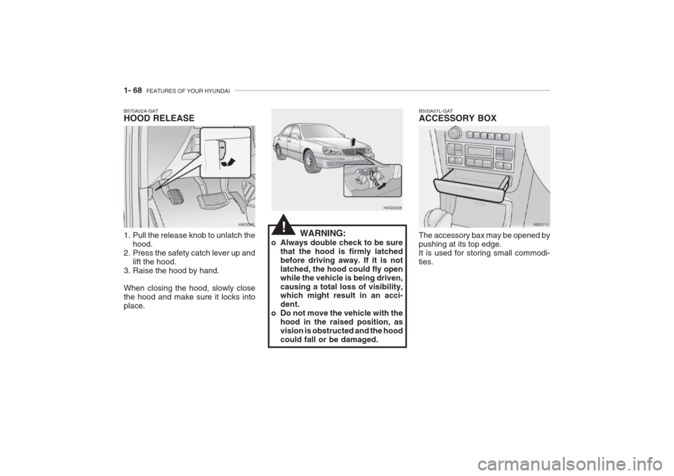 Hyundai Grandeur 2002  Owners Manual 1- 68  FEATURES OF YOUR HYUNDAI
The accessory bax may be opened by pushing at its top edge.It is used for storing small commodi-ties.B500A01L-GAT ACCESSORY BOX
HXG111
HXG047
B570A02A-GAT HOOD RELEASE 